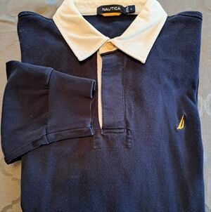 Nautica Y2K 90s Men's Large Long Sleeve Dark Blue Polo with White Collar